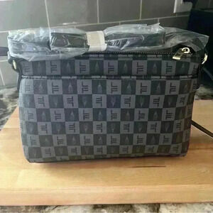 London Fog Addison Tower Signature Print Crossbody Bag Zip Top Purse Black NWT